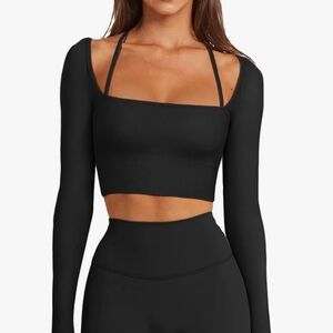 LASLULU Women’s Sexy Square Neck Crop Top ONLY Ribbed Seamless Long Sleeve